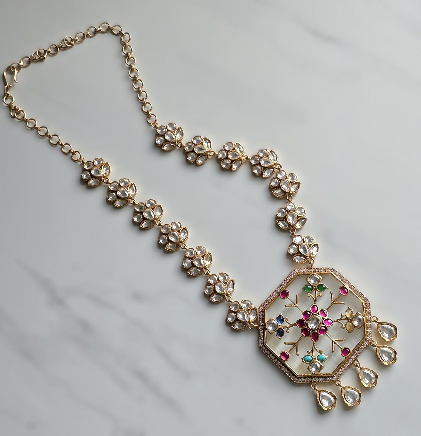 Laura Handcrafted Polki Navratan Necklace Set with Inlay Art