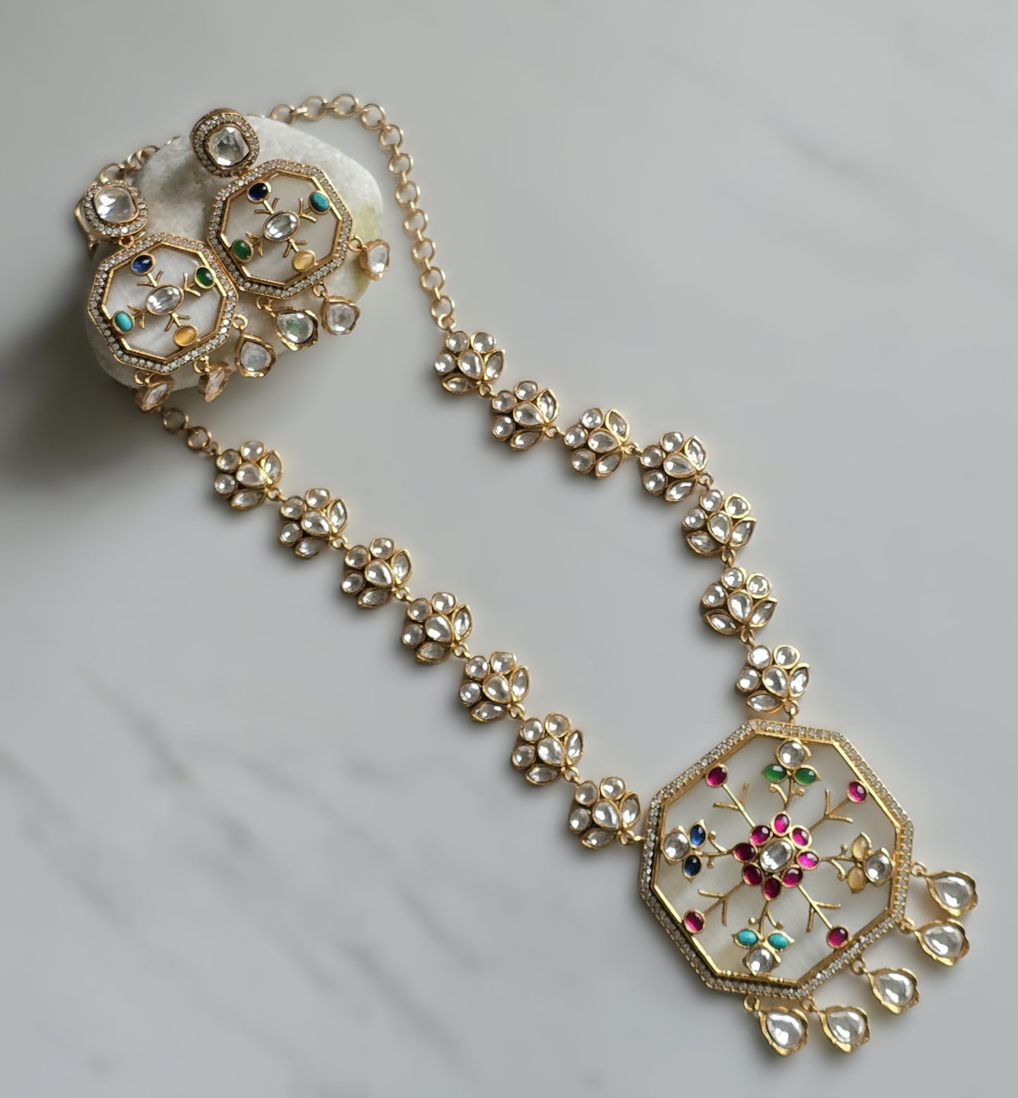 Laura Handcrafted Polki Navratan Necklace Set with Inlay Art