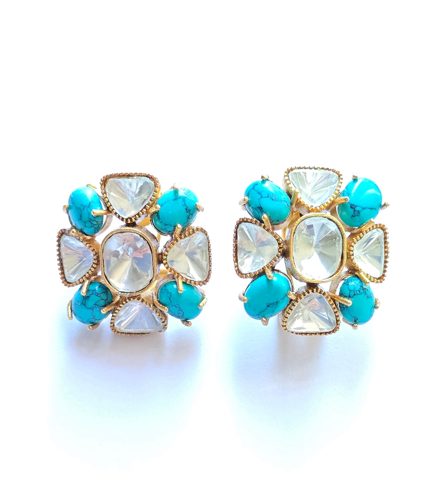 Floral Natural Stone & Polki Studs Earrings