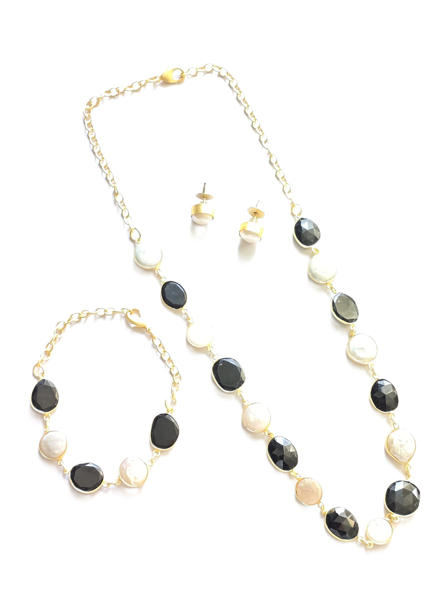 Beaded Pearl & Natural Stone Necklace Set with Bracelet