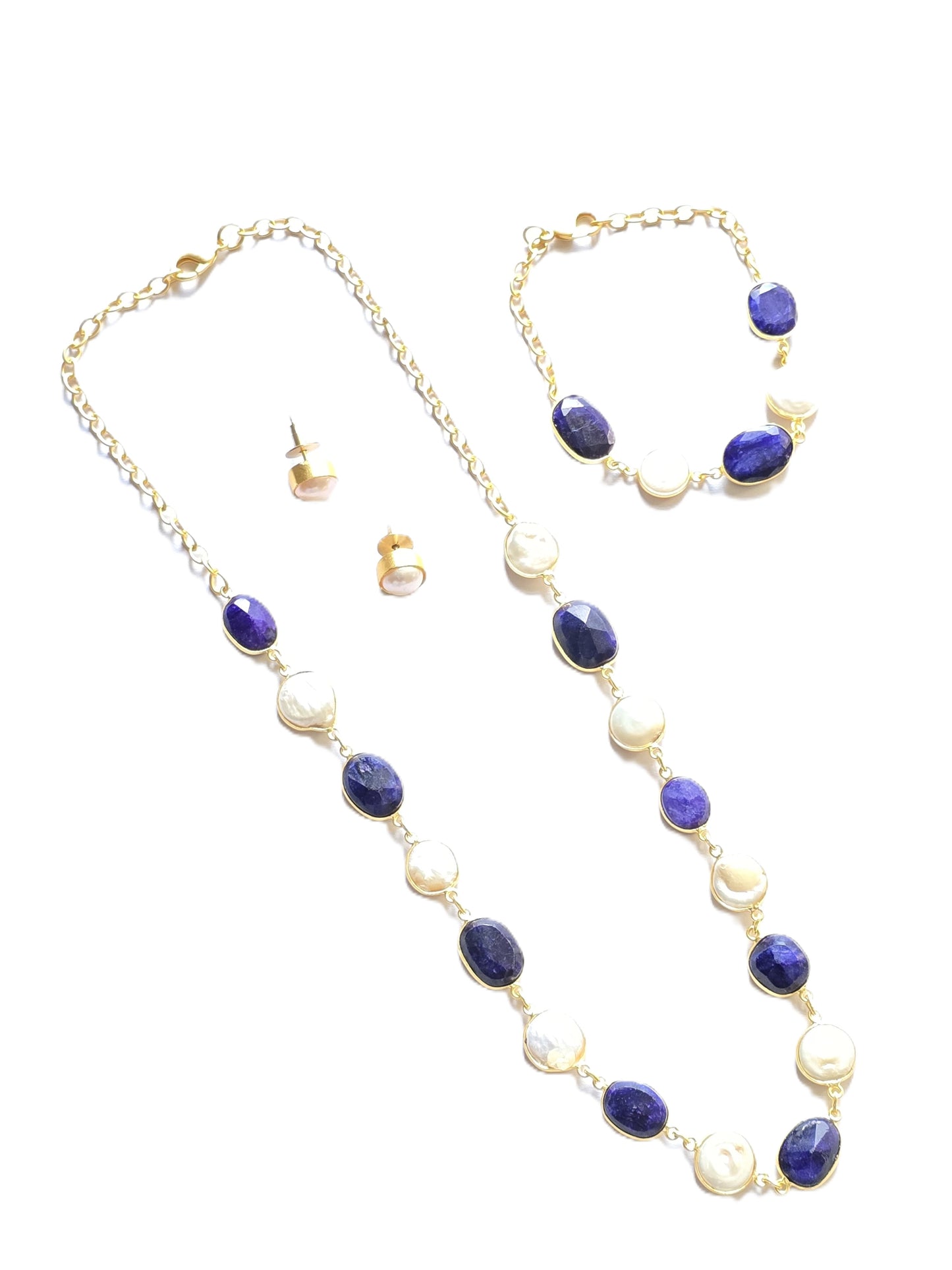 Beaded Pearl & Natural Stone Necklace Set with Bracelet