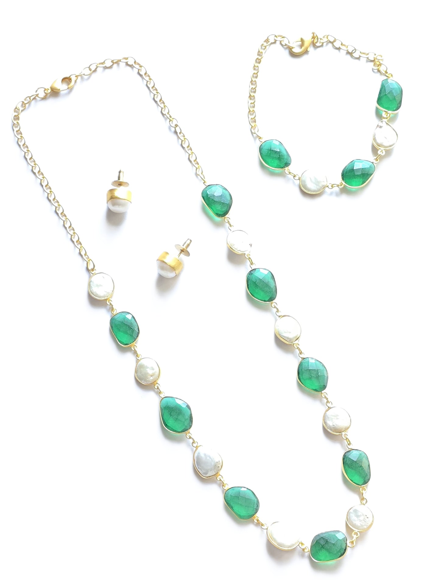 Beaded Pearl & Natural Stone Necklace Set with Bracelet