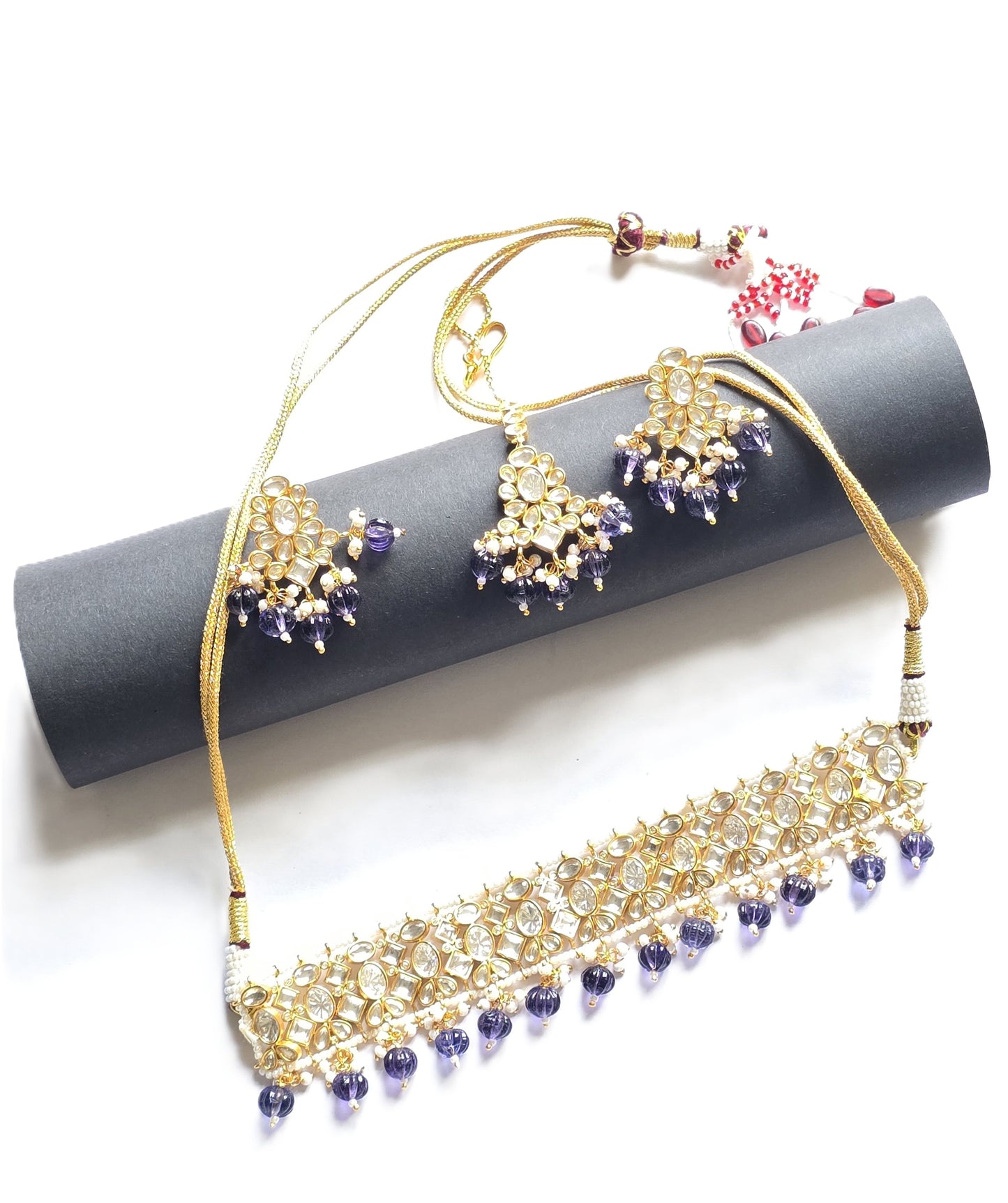 Bertha Flexible Moissanite Polki Choker Necklace set with Maang Tikka