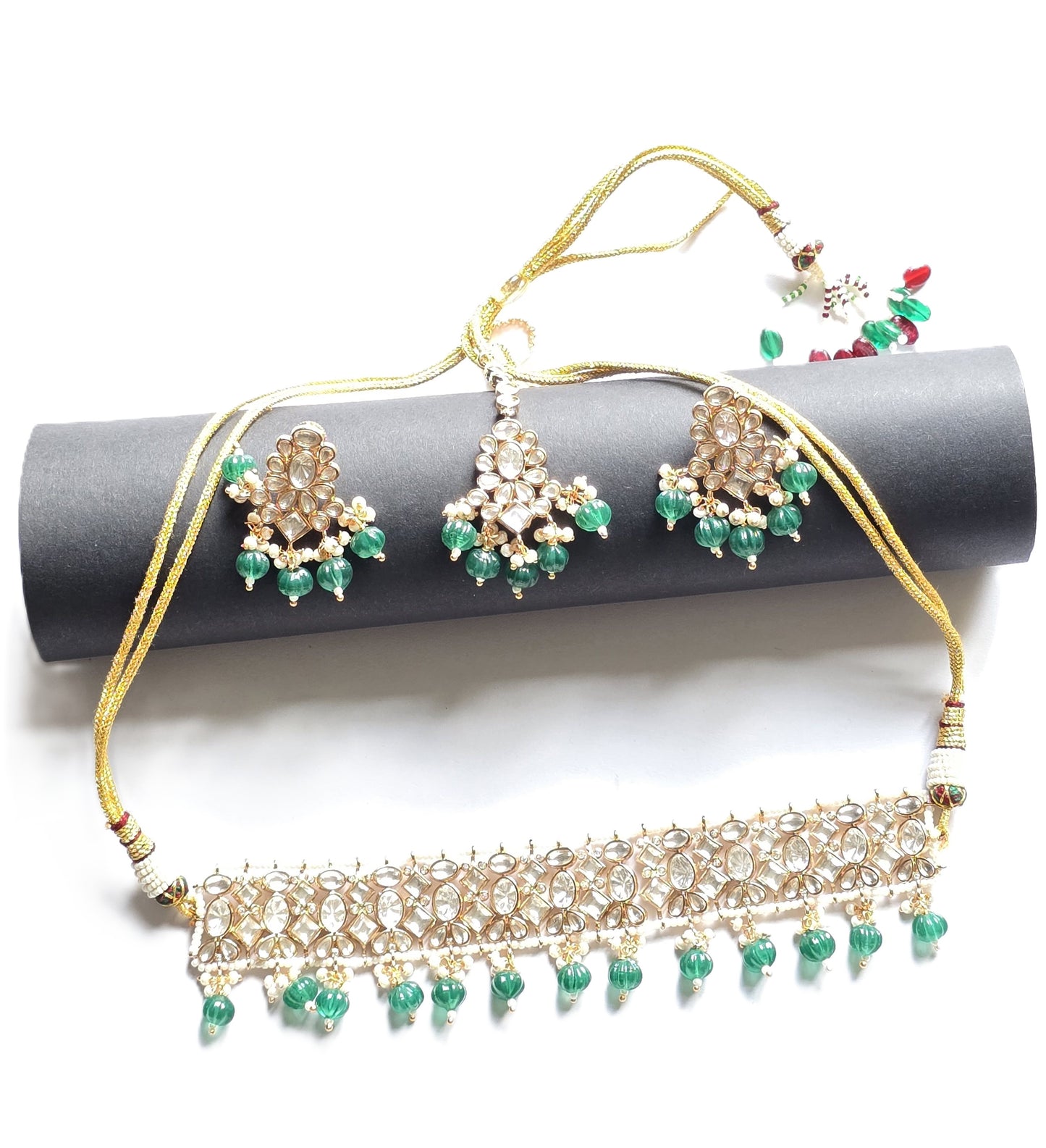 Bertha Flexible Moissanite Polki Choker Necklace set with Maang Tikka