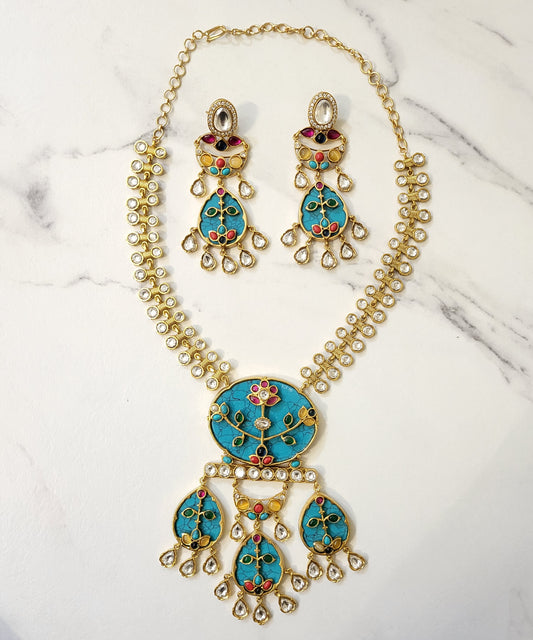 Katherine Handcrafted Polki Necklace Set with Turquoise Stone Inlay Art