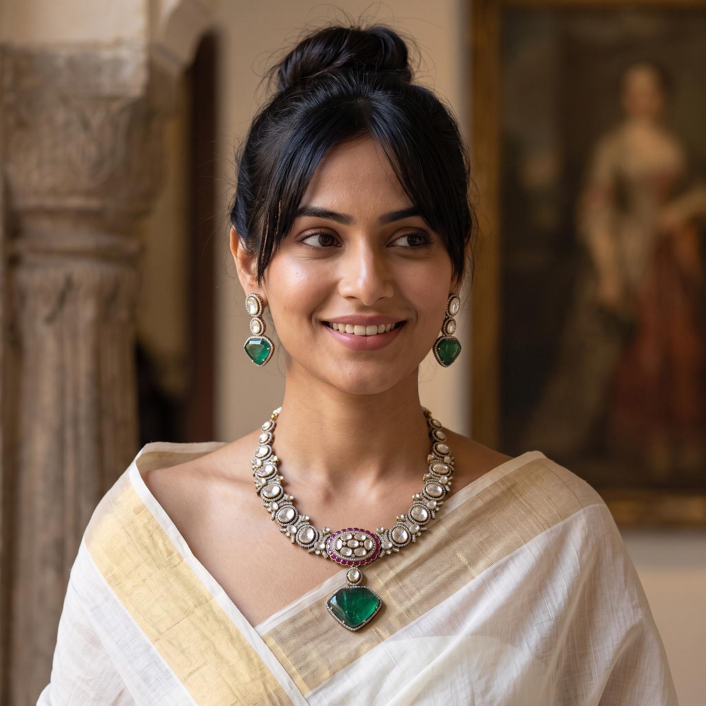Florence Premium Moissanite Polki  Necklace Set with Doublet Stone