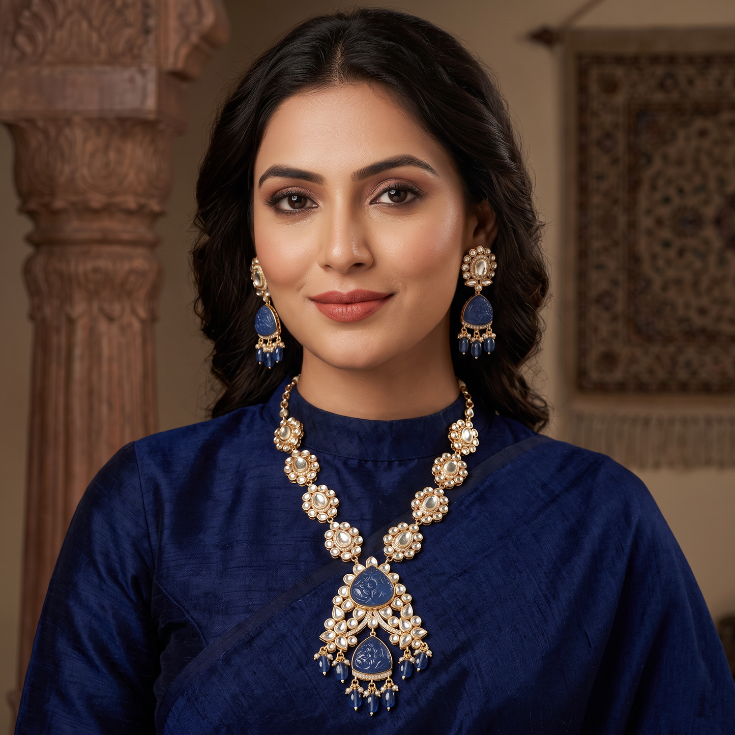 Debina Polki Carved Stone Necklace Set