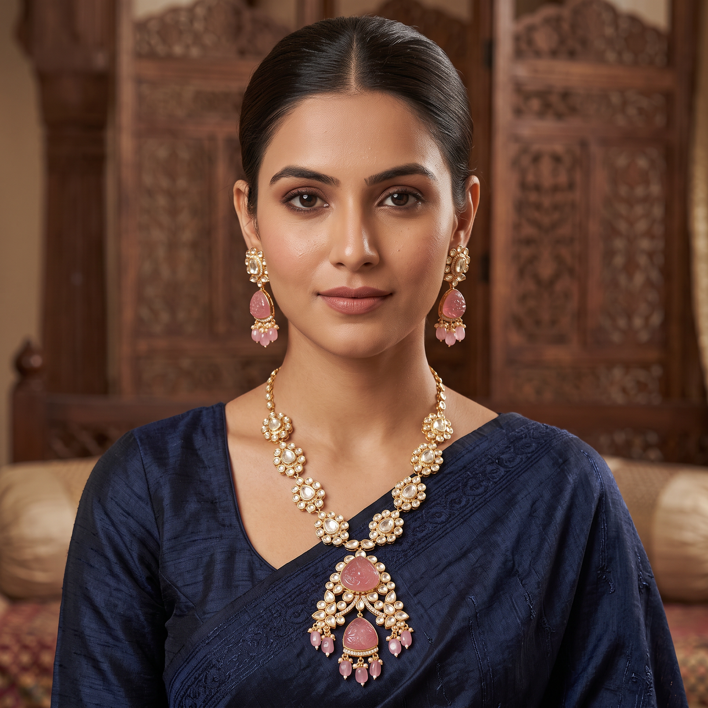 Debina Polki Carved Stone Necklace Set