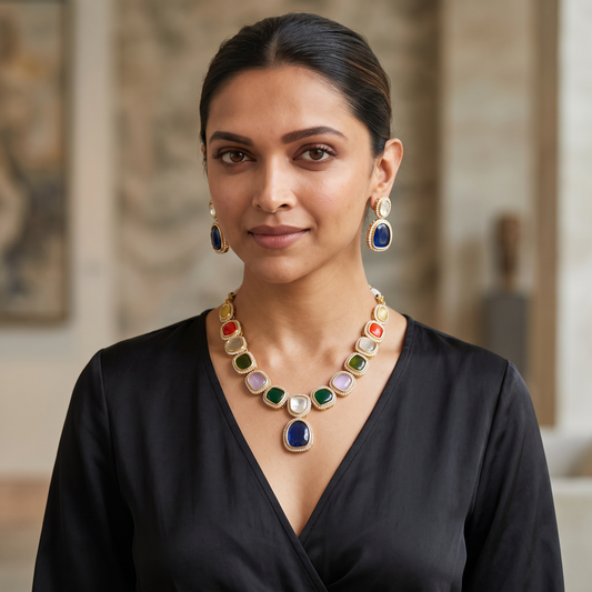 Haisley Navratan Stones  Polki Necklace set