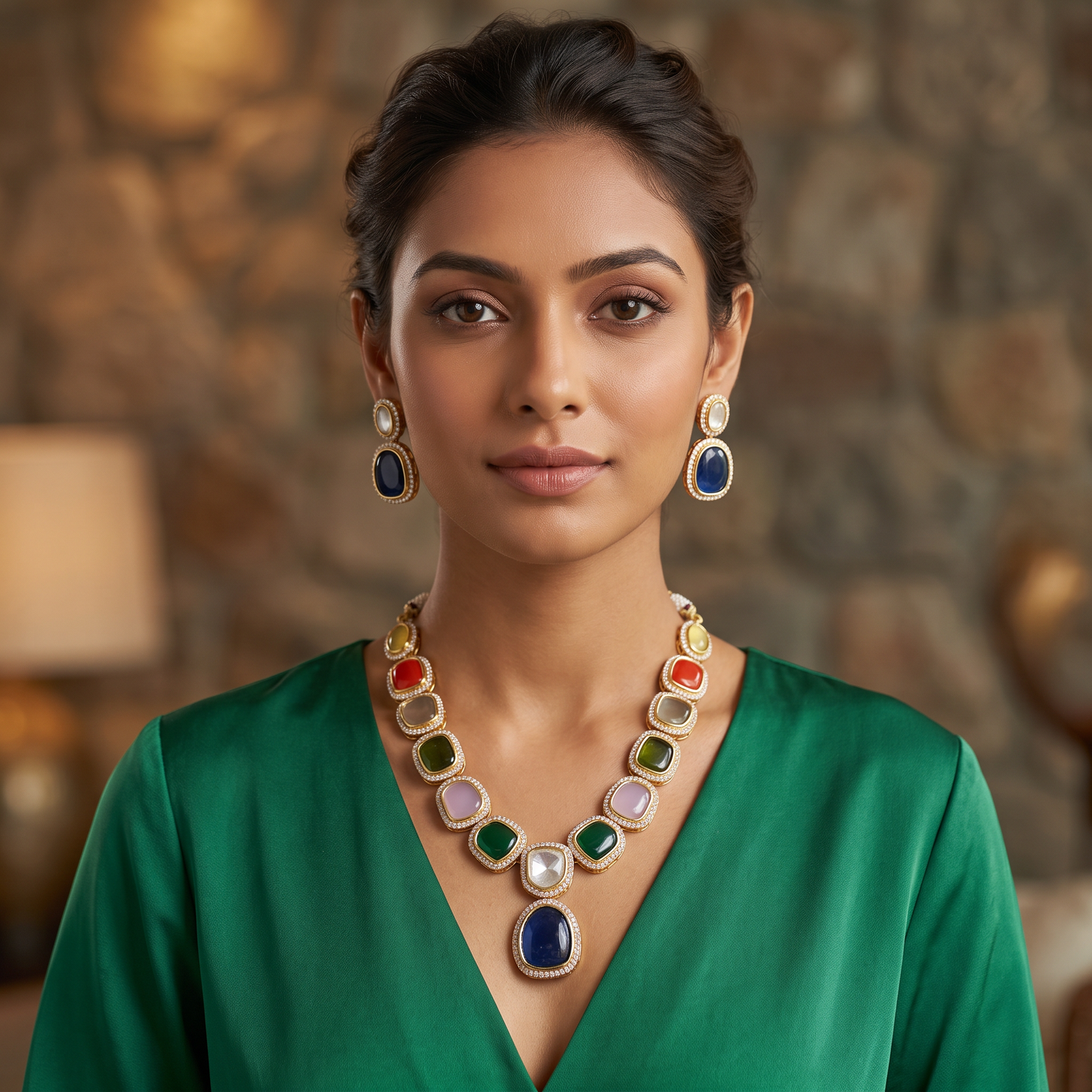 Haisley Navratan Stones  Polki Necklace set