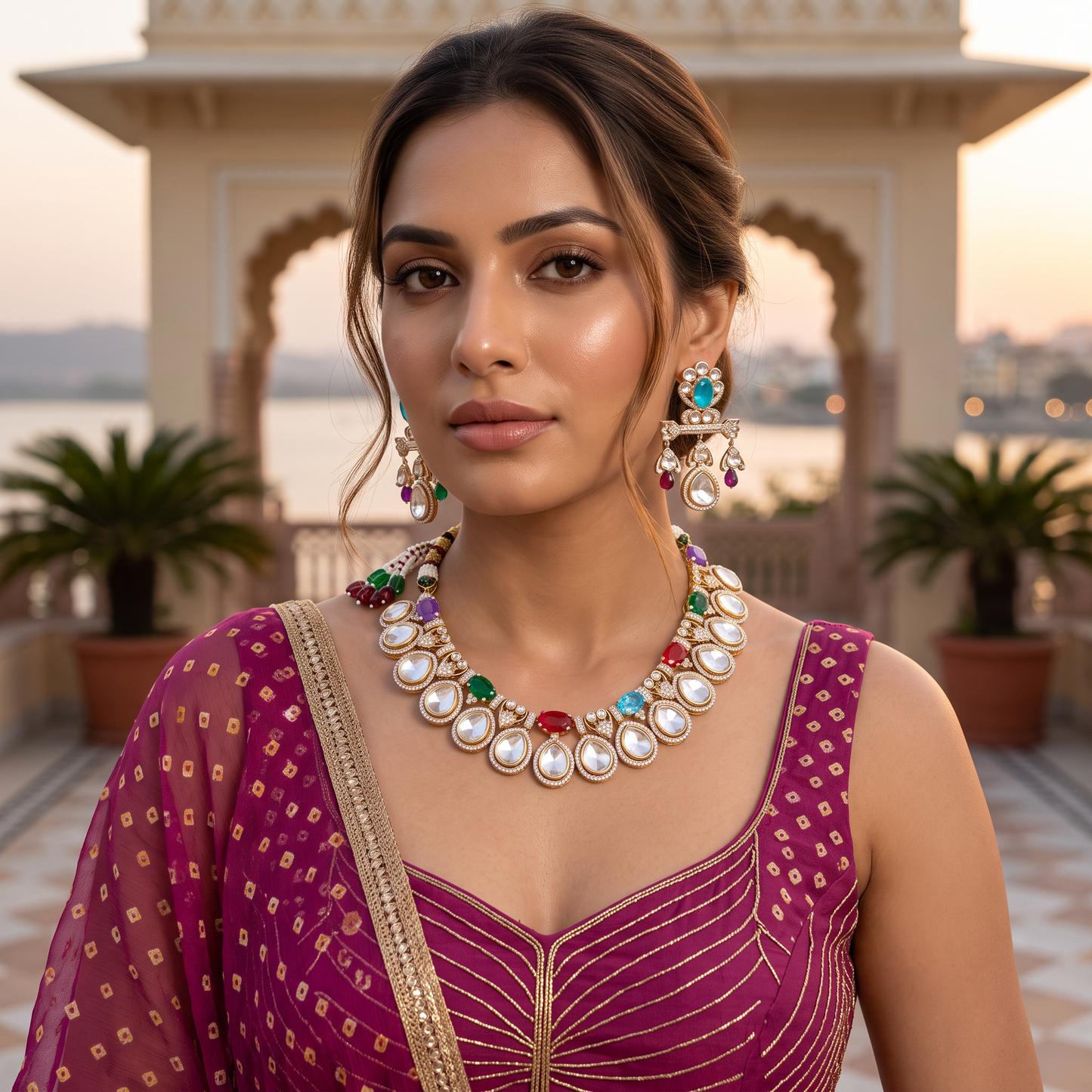 Skylar Polki Necklace Set with Navratan Doublet stones