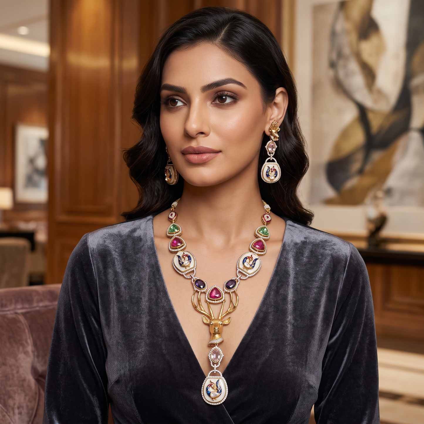 Natasha Designer AAA Crystal & MOP Long Necklace Set