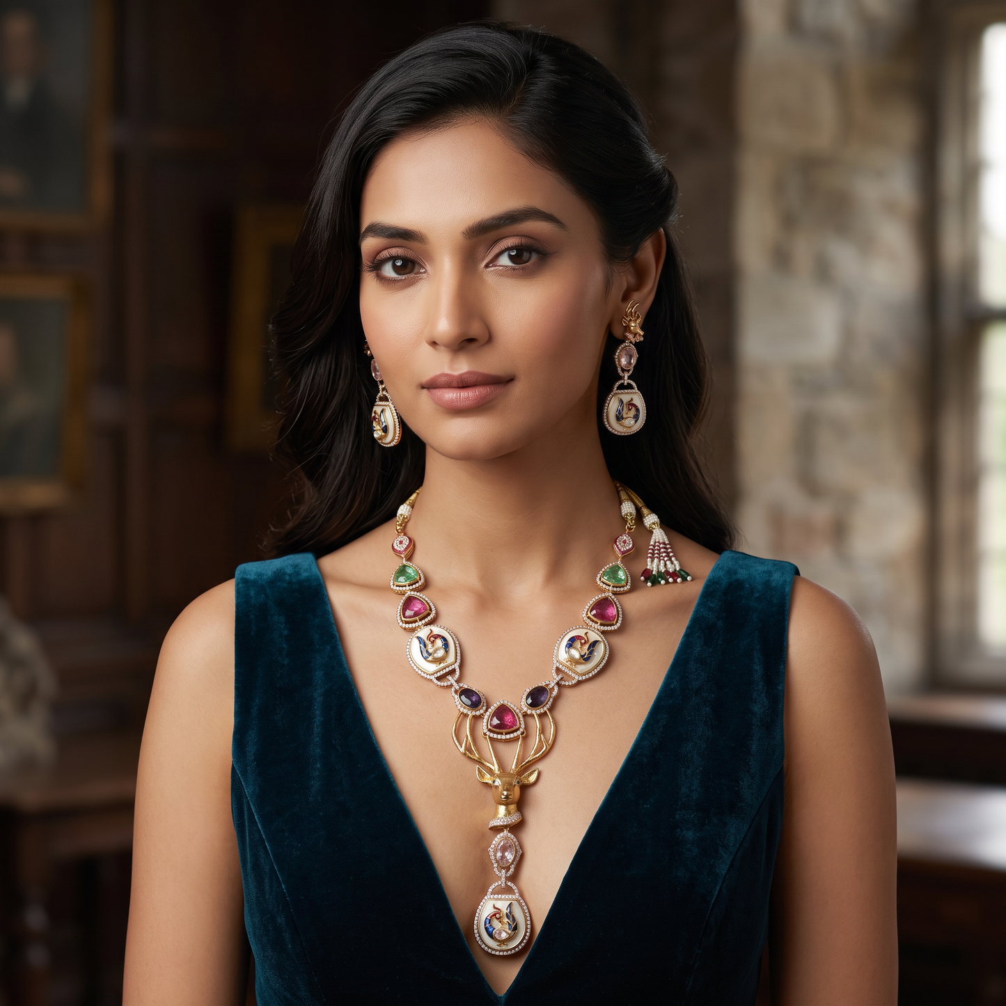 Natasha Designer AAA Crystal & MOP Long Necklace Set