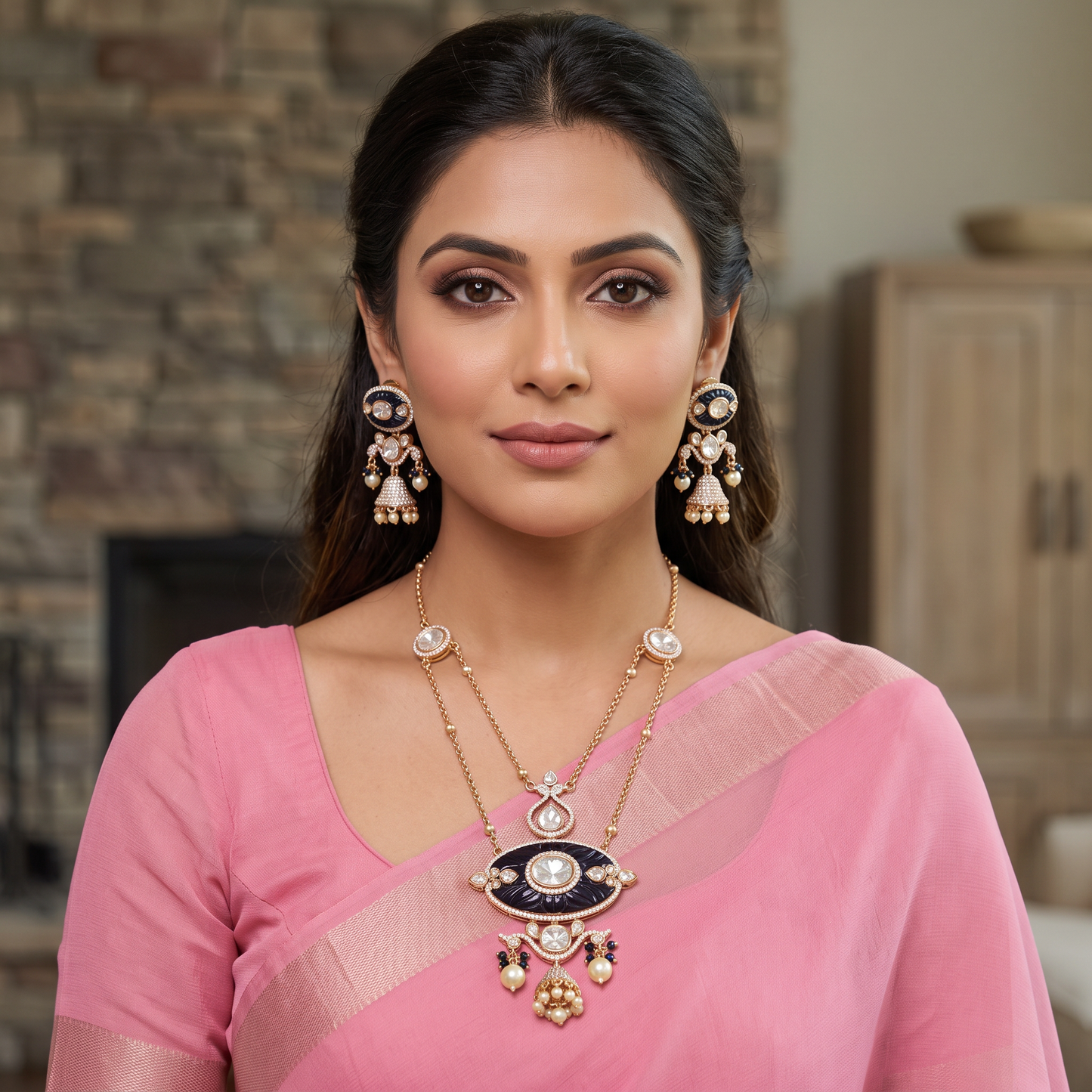 Adeline Premium Polki & Carved Stone Pendant Necklace Set