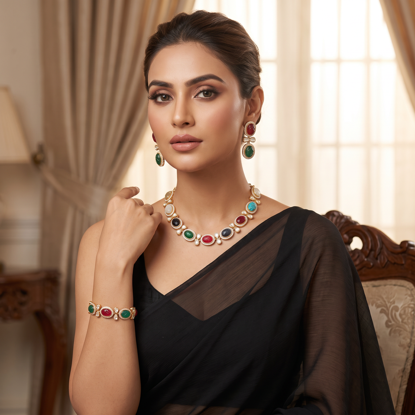 Stella Navratan Semi Precious Stones Necklace Set