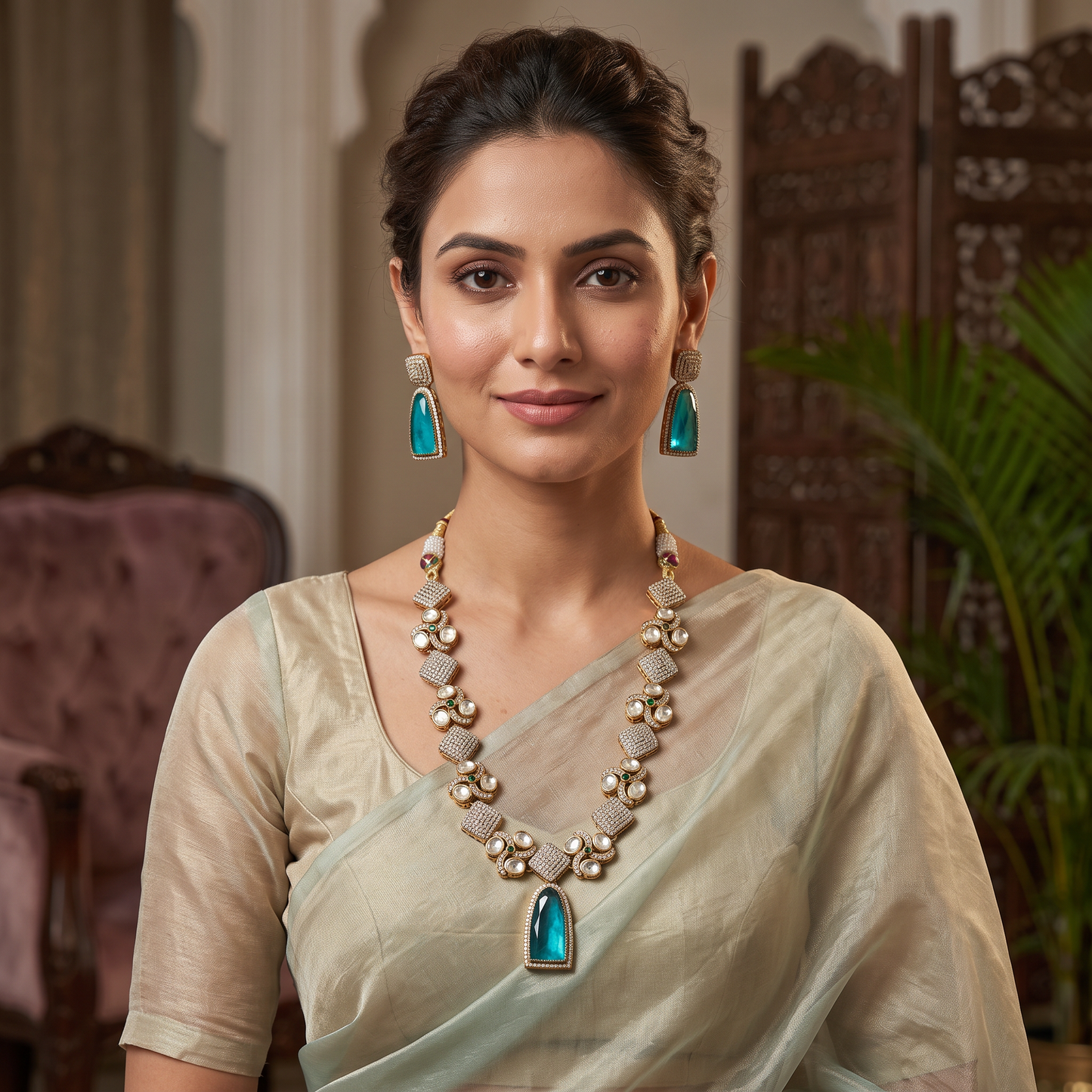 Rihanna Polki CZ Necklace Set with Doublet Stone