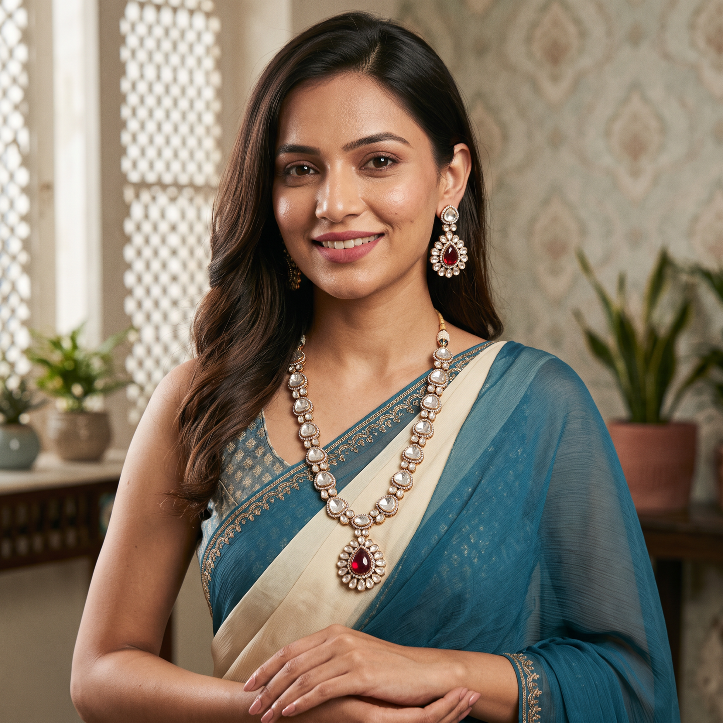 Inaya Moissanite uncut Polki Ruby Necklace set
