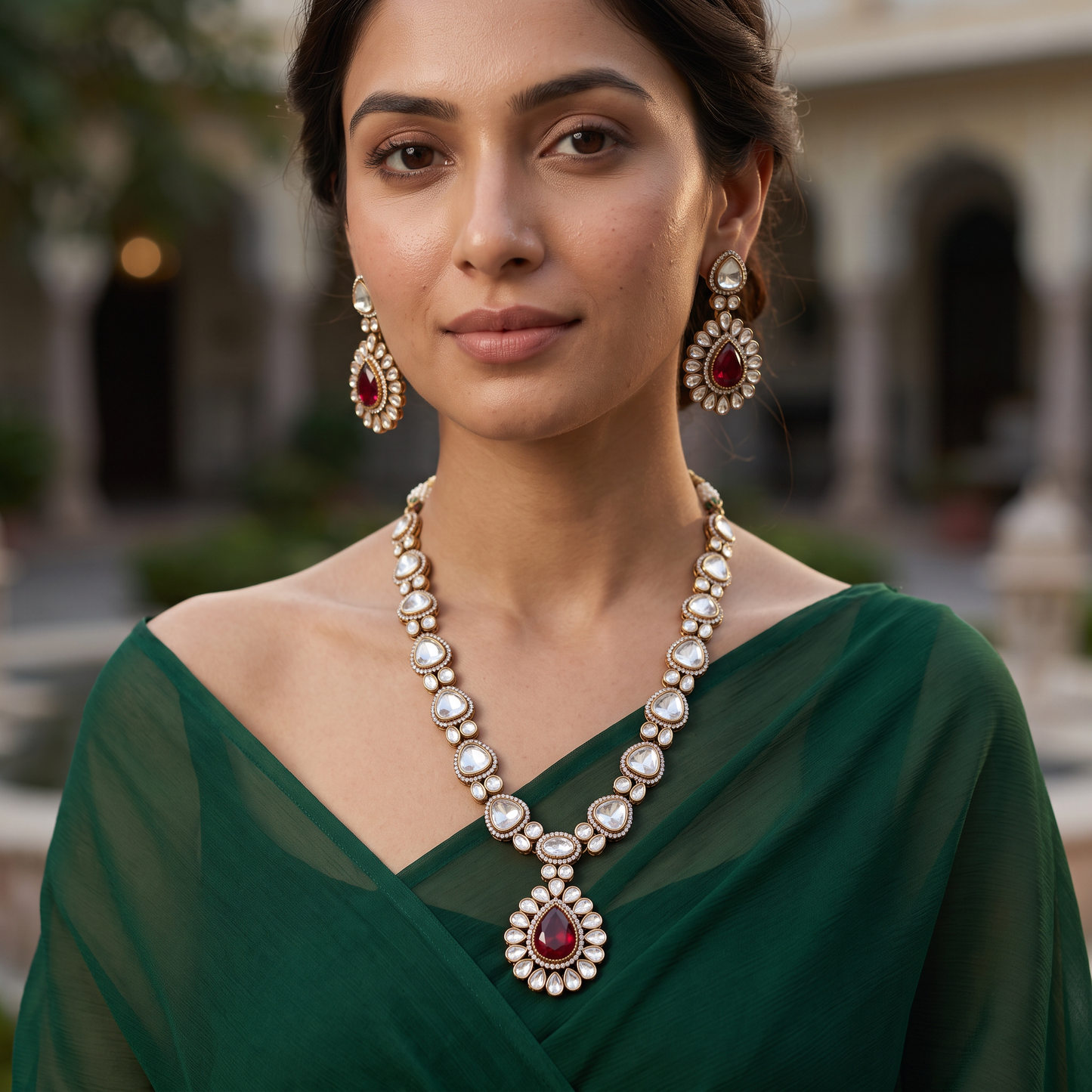 Inaya Moissanite uncut Polki Ruby Necklace set