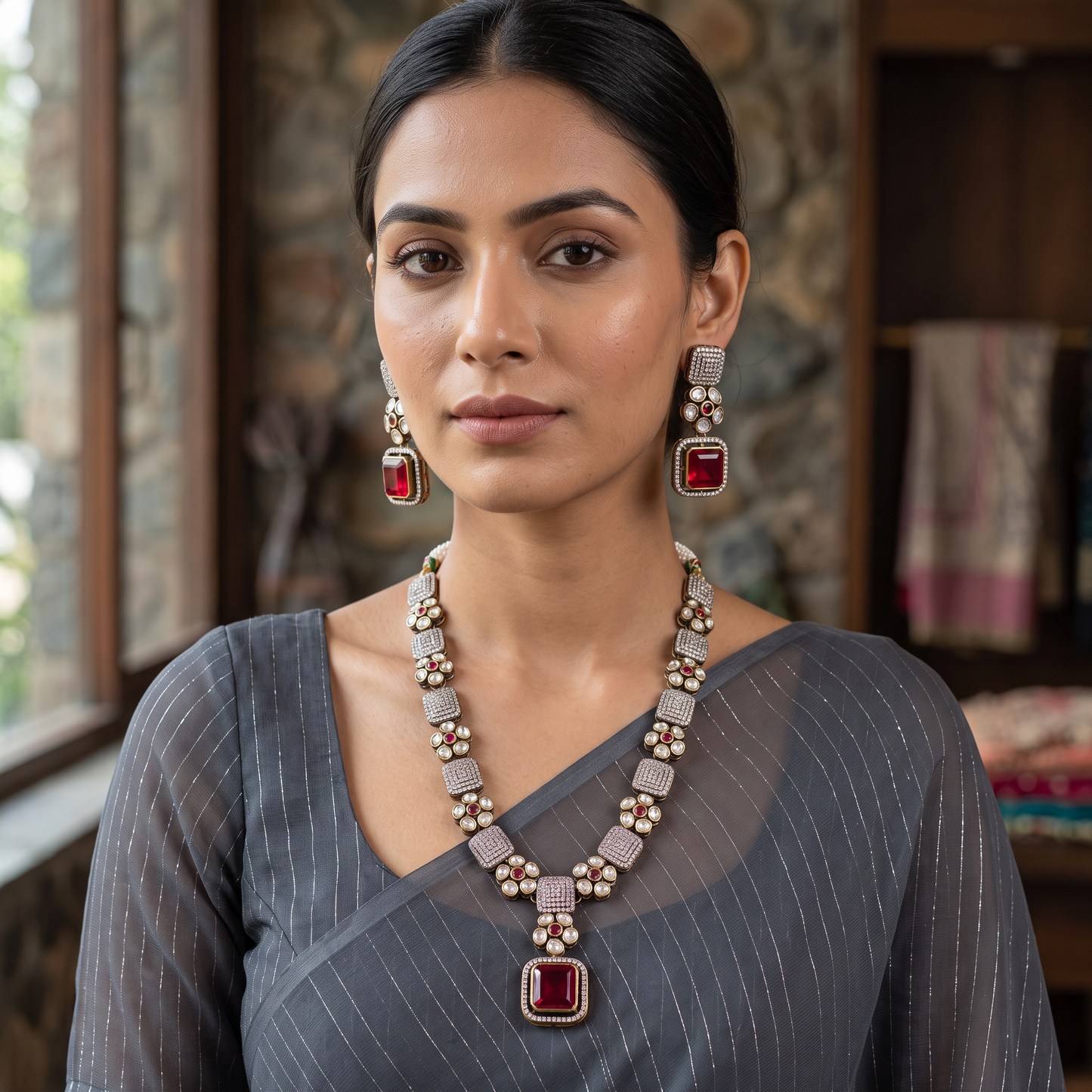 Simran Polki CZ Necklace Set with Doublet Stone