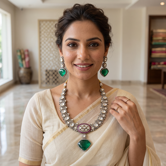 Florence Premium Moissanite Polki  Necklace Set with Doublet Stone