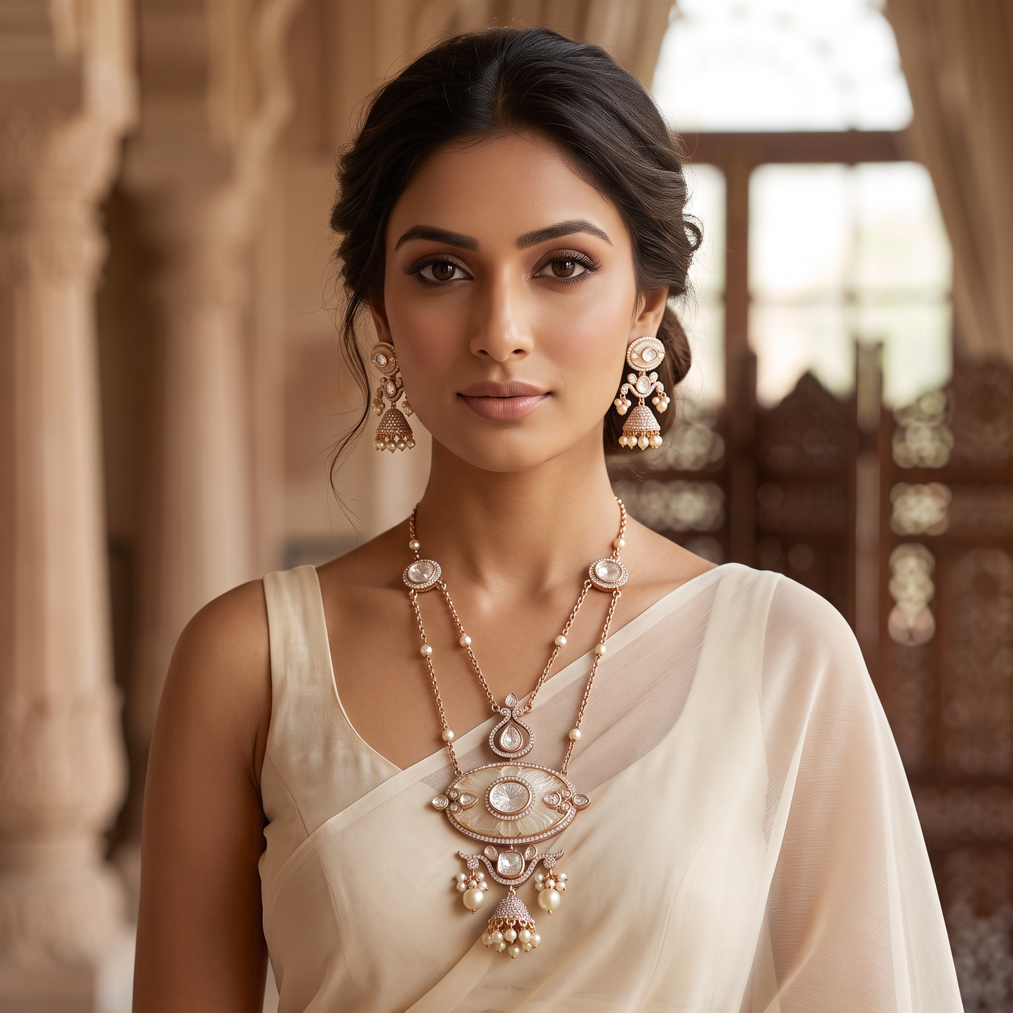 Adeline Premium Polki & Carved Stone Pendant Necklace Set