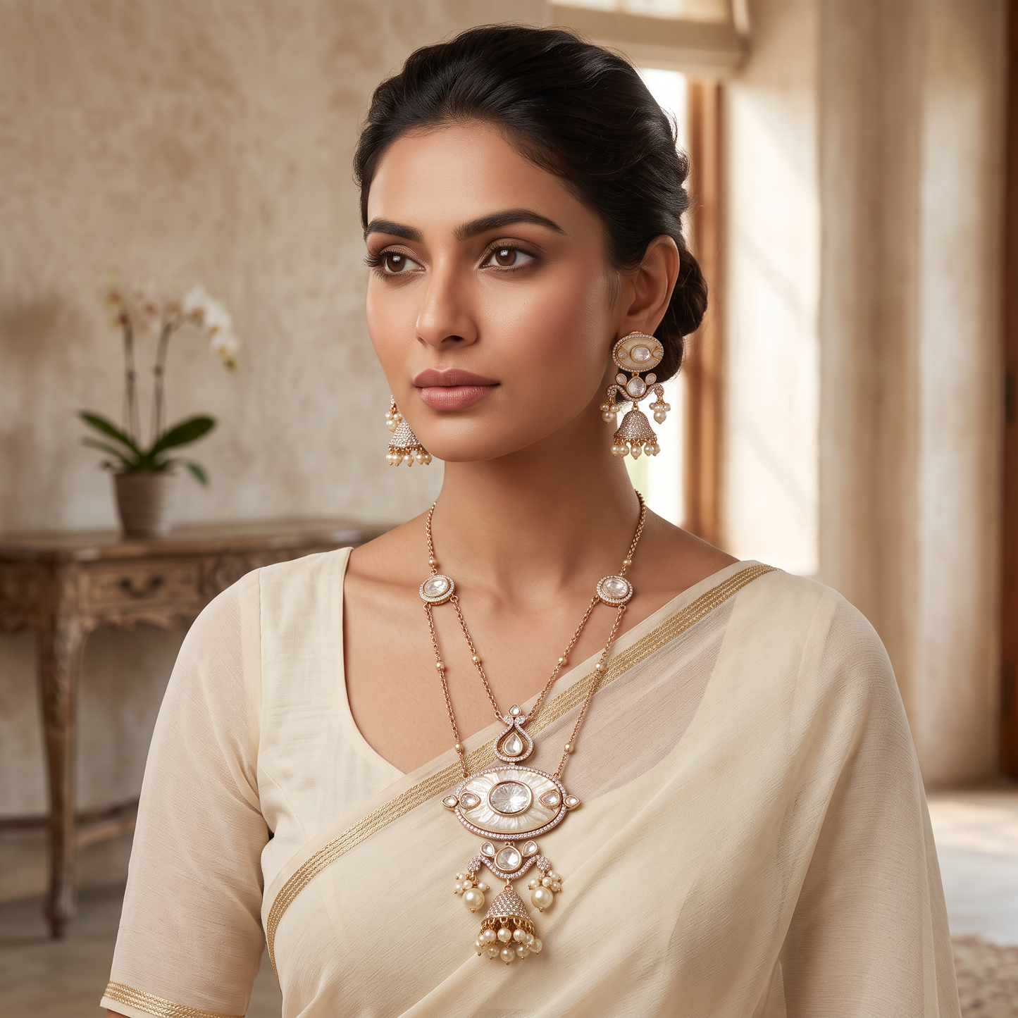 Adeline Premium Polki & Carved Stone Pendant Necklace Set