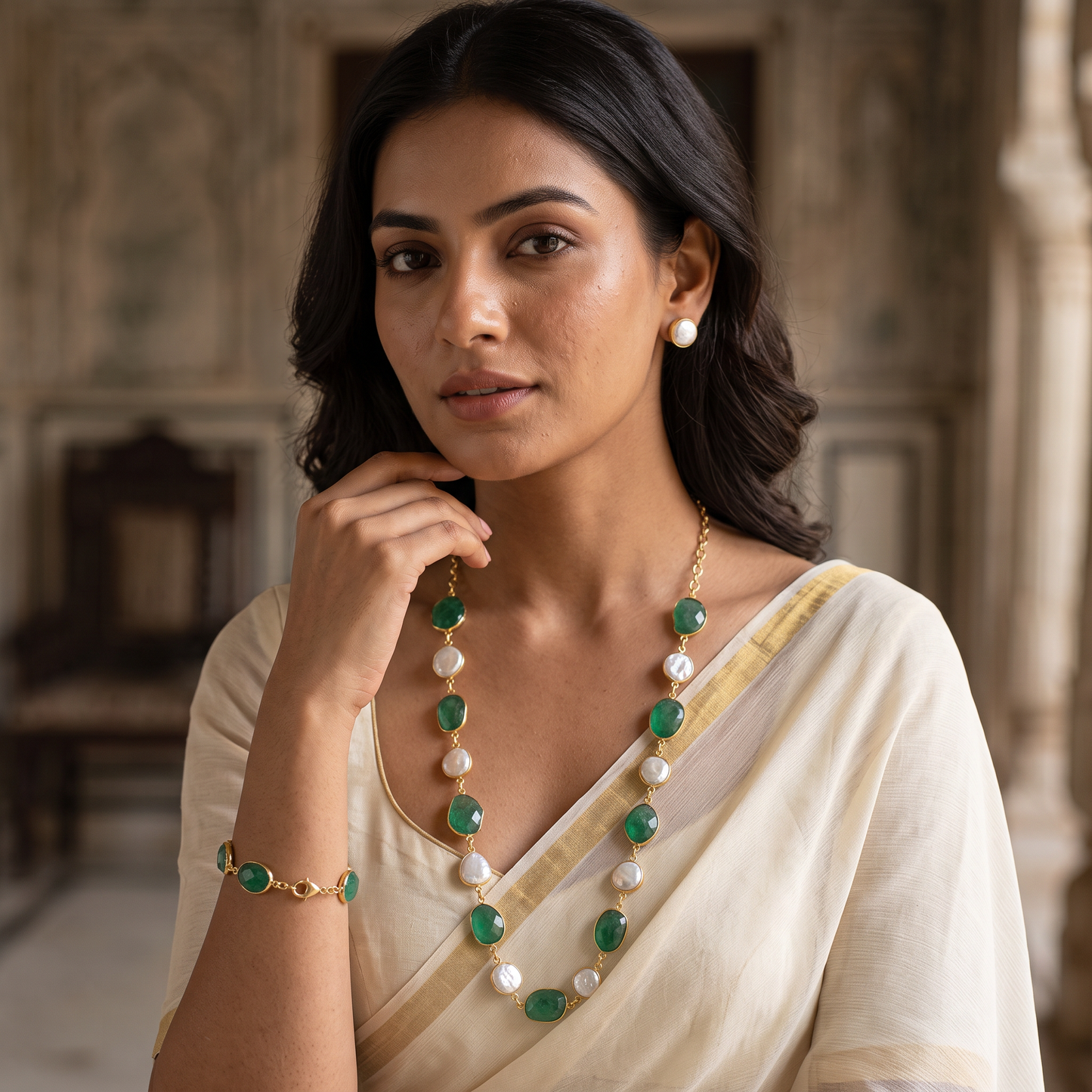 Beaded Pearl & Natural Stone Necklace Set  with Bracelet