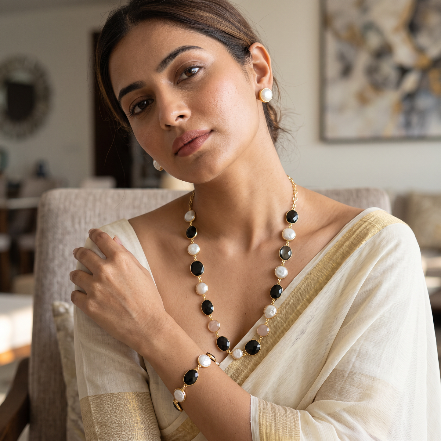 Beaded Pearl & Natural Stone Necklace Set  with Bracelet