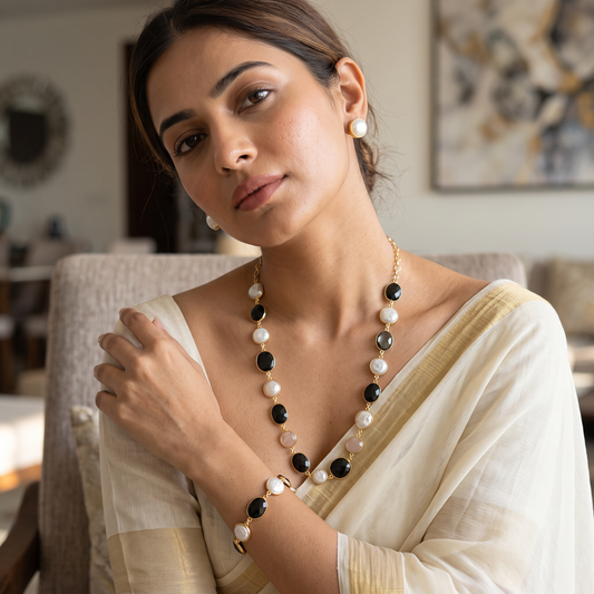 Beaded Pearl & Natural Stone Necklace Set  with Bracelet