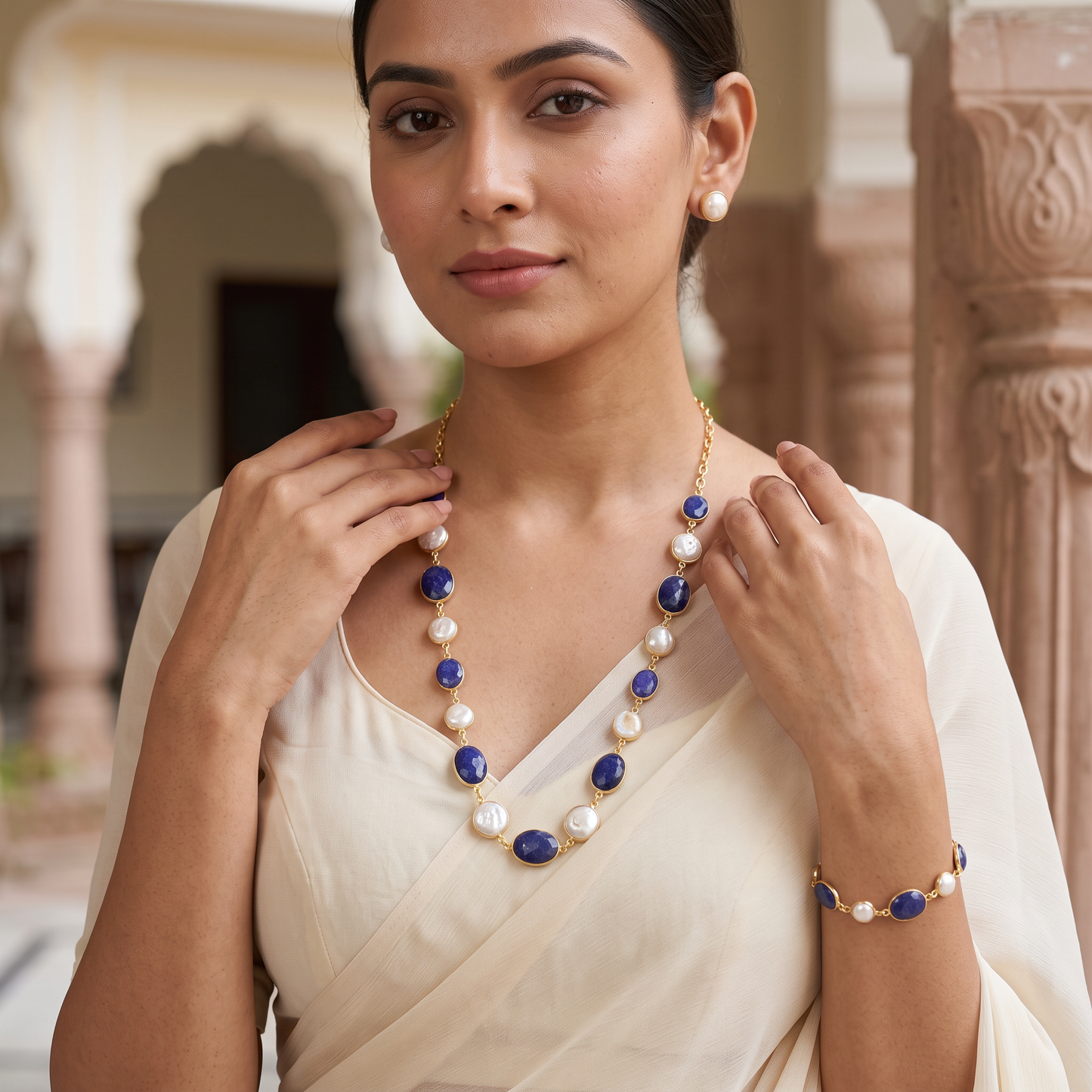 Beaded Pearl & Natural Stone Necklace Set  with Bracelet