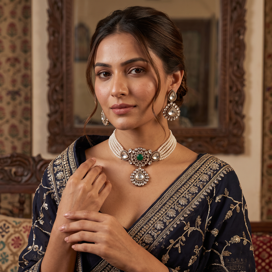 Zariah Polki Pearl Choker Necklace Set