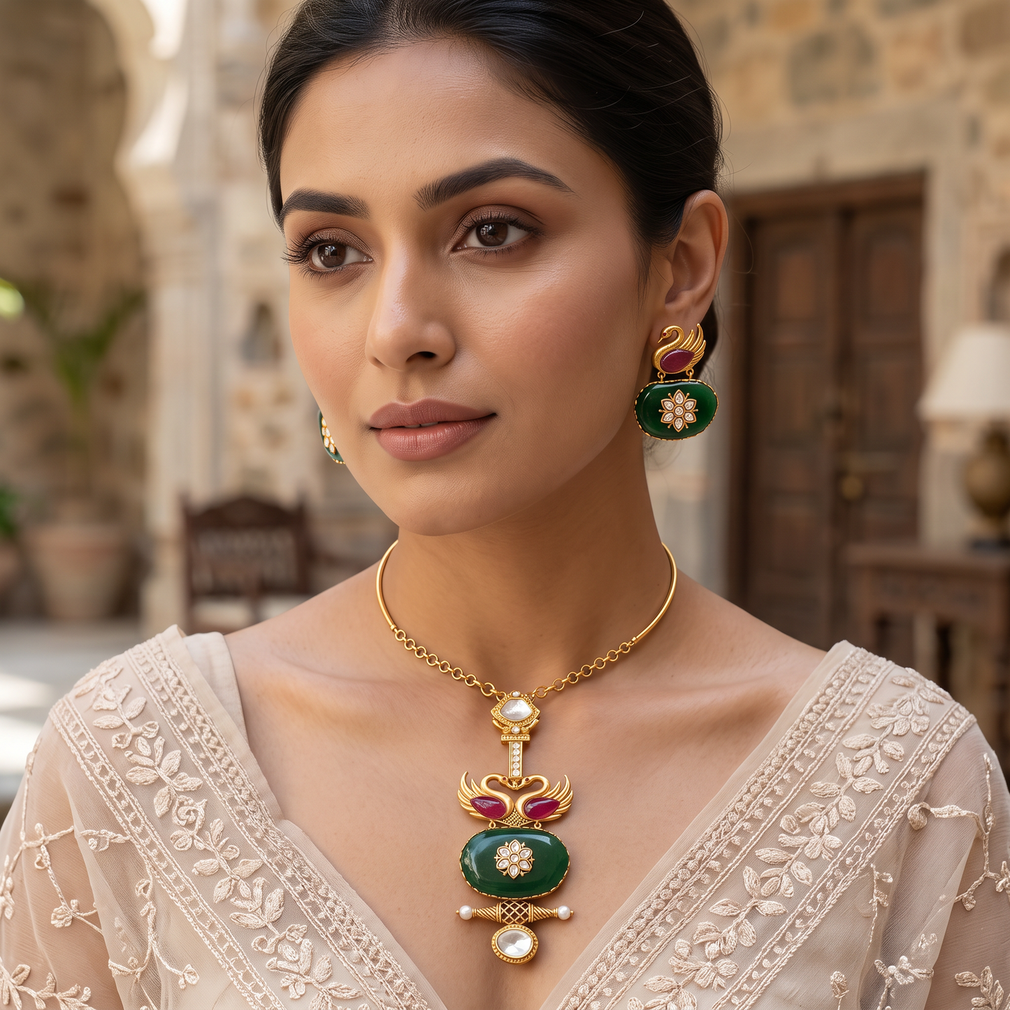 Melany Fusion Necklace Set With Carved Stones