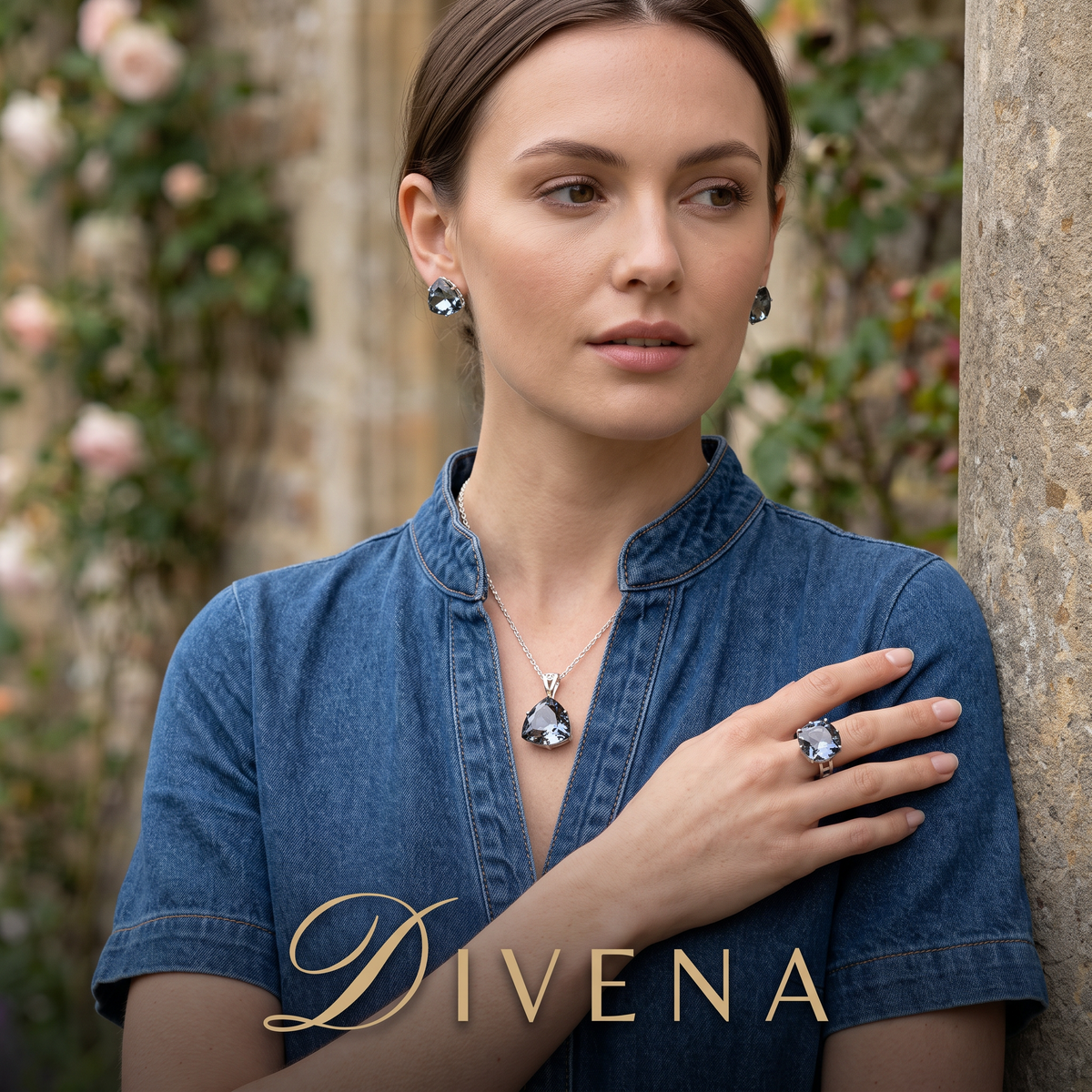 Philomena Solitaire Crystal  Pendant Set with Adjustable Ring
