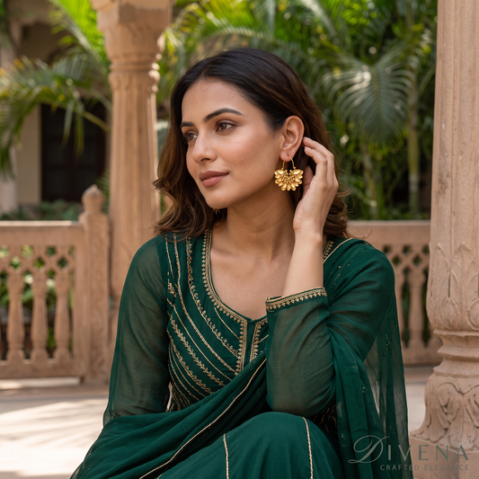 Golden Handcrafted Floral  Temple Hoops Earrings