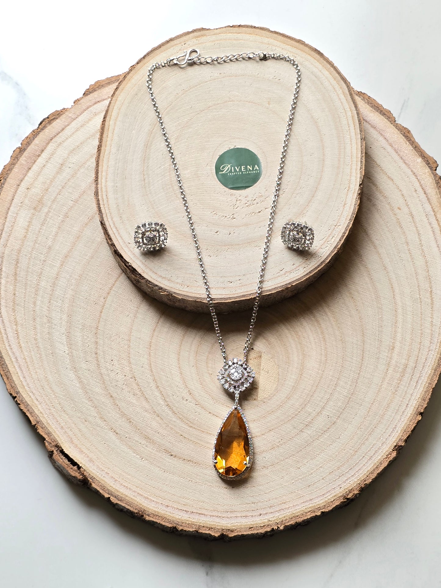 Cubic Zircon Tear Drop Crystal Pendant Set