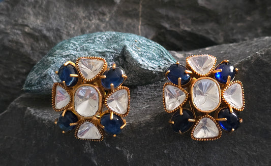 Floral Natural Stone & Polki Studs Earrings