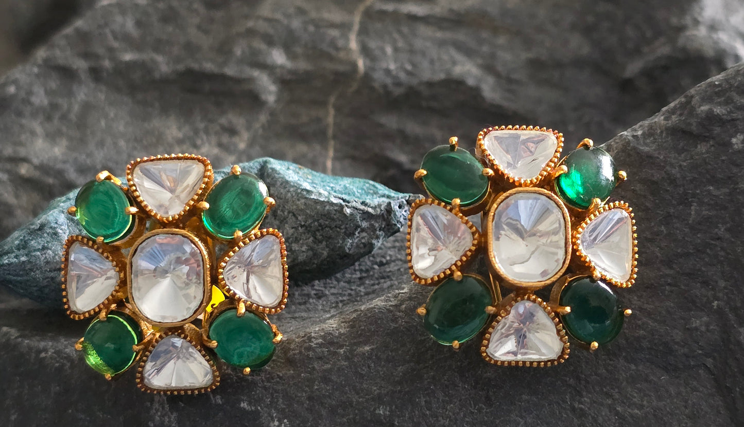 Floral Natural Stone & Polki Studs Earrings