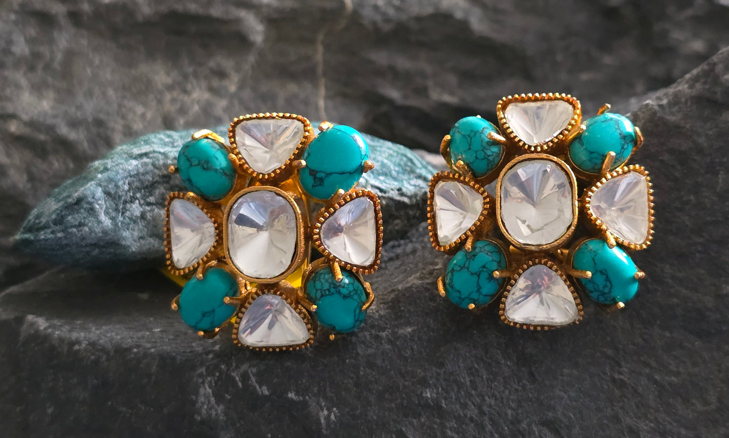 Floral Natural Stone & Polki Studs Earrings