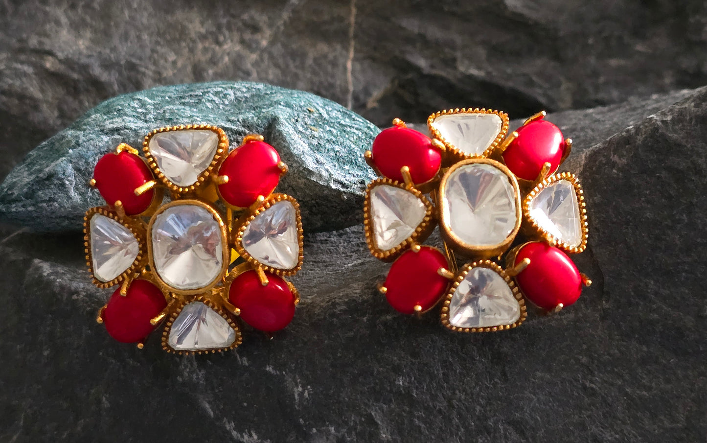 Floral Natural Stone & Polki Studs Earrings