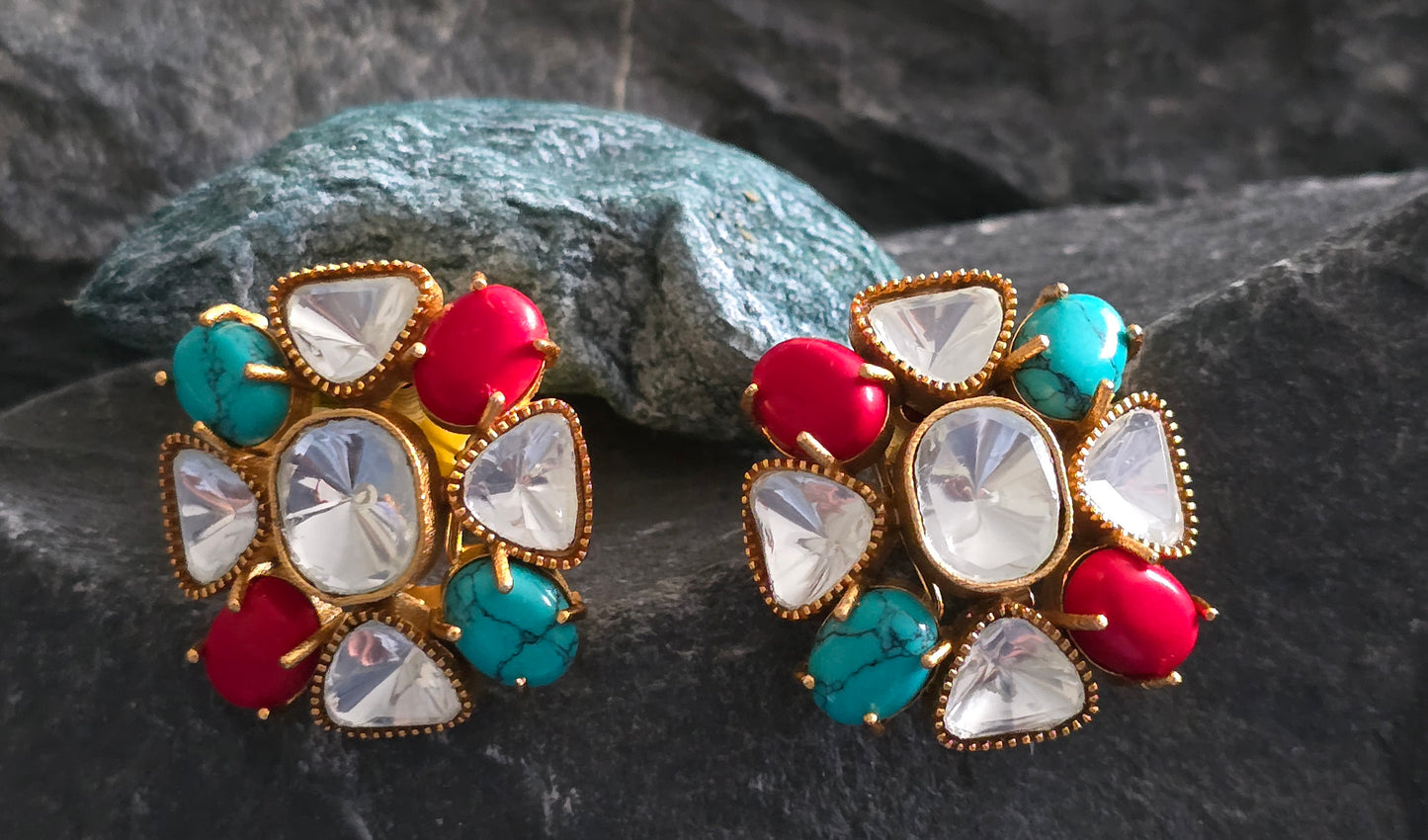 Floral Natural Stone & Polki Studs Earrings