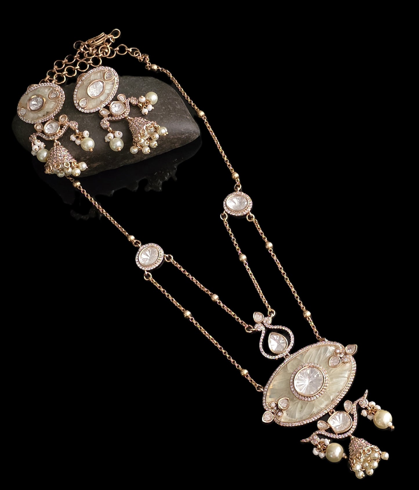 Adeline Premium Polki & Carved Stone Pendant Necklace Set