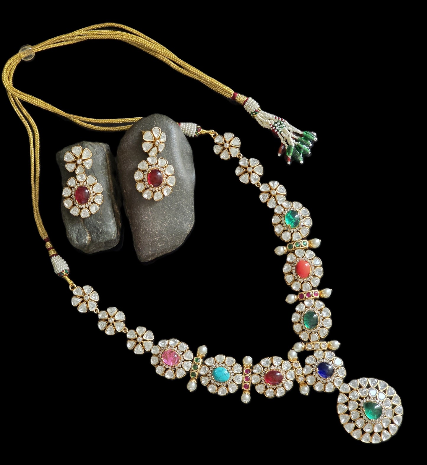 Noya Exquisite Polki With Pota Doublet Stone Navaratan Long Necklace Set