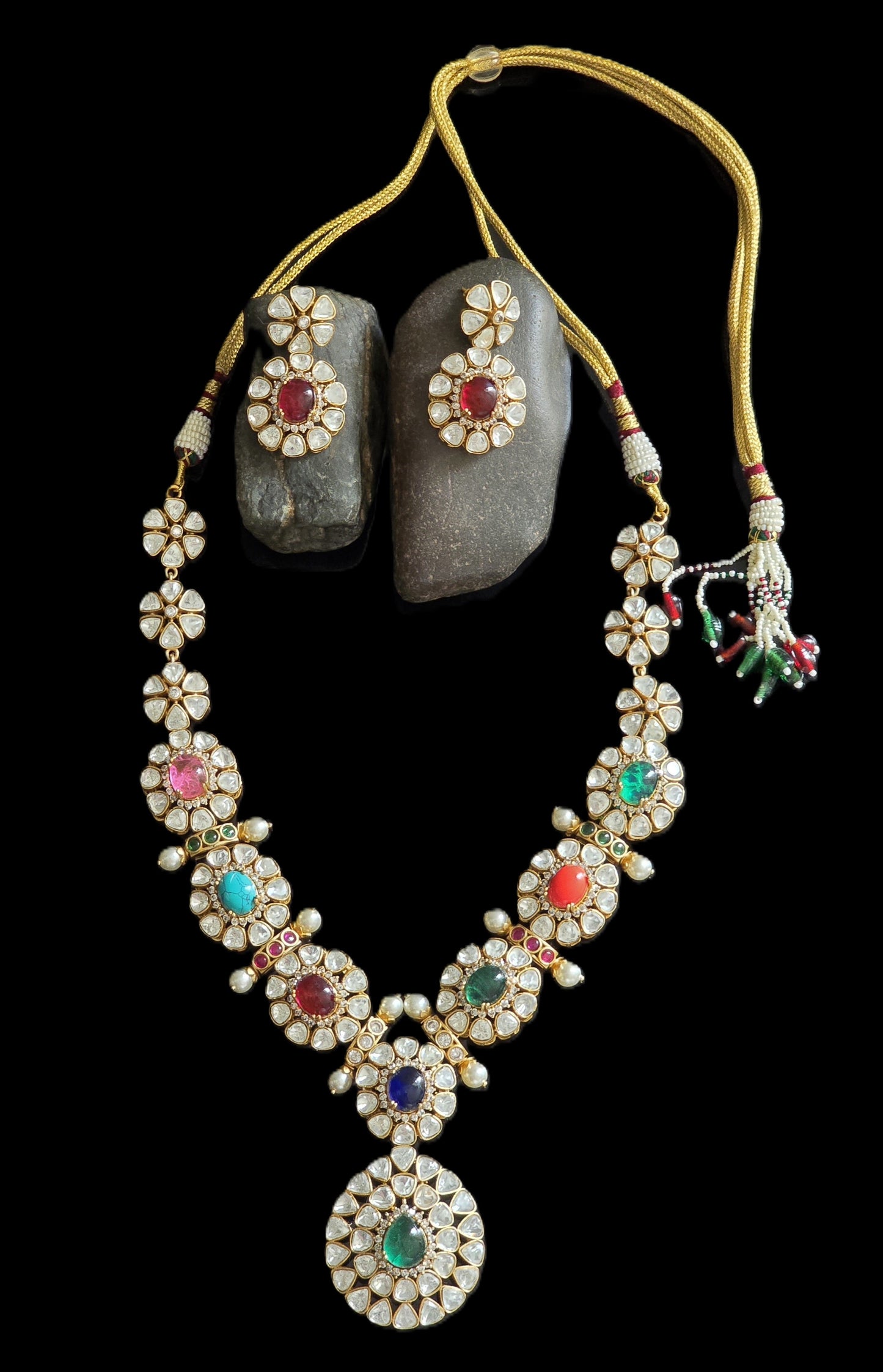Noya Exquisite Polki With Pota Doublet Stone Navaratan Long Necklace Set