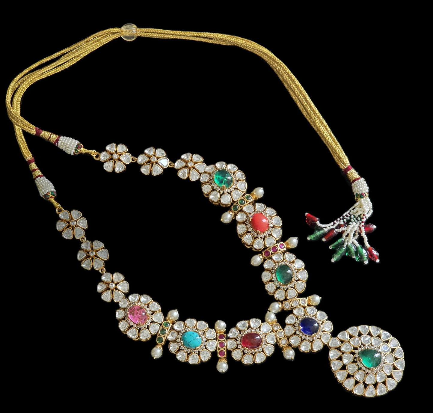 Noya Exquisite Polki With Pota Doublet Stone Navaratan Long Necklace Set