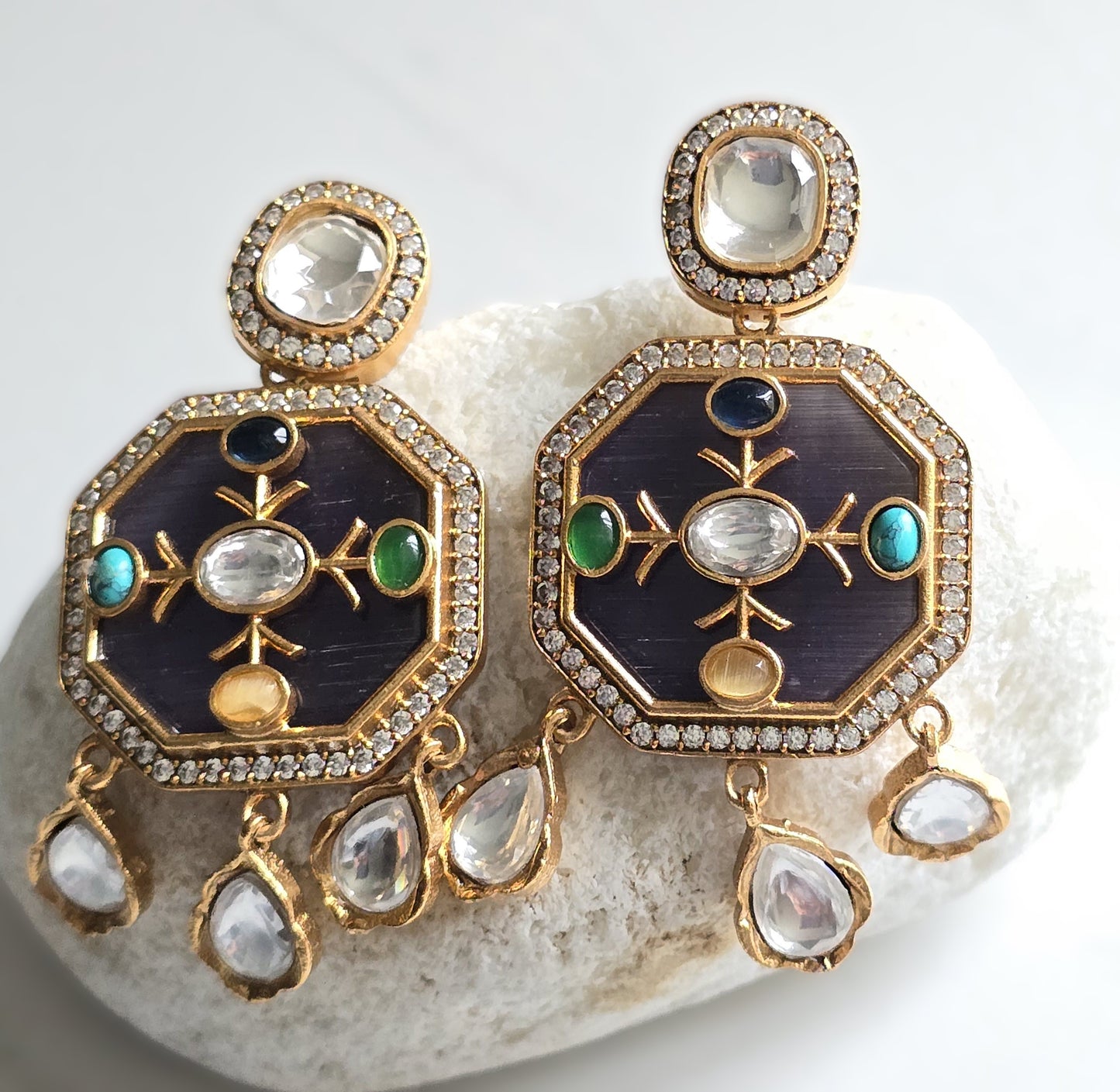 Laura Handcrafted Polki Navratan Necklace Set with Inlay Art