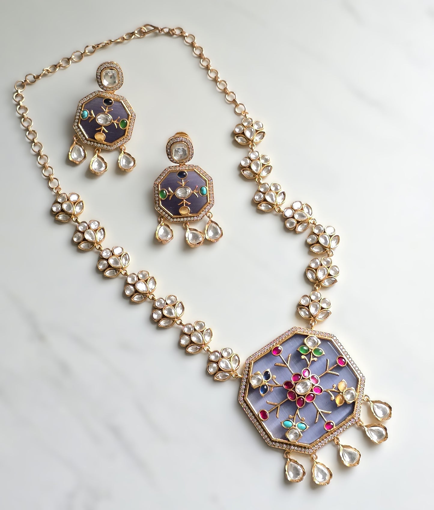 Laura Handcrafted Polki Navratan Necklace Set with Inlay Art