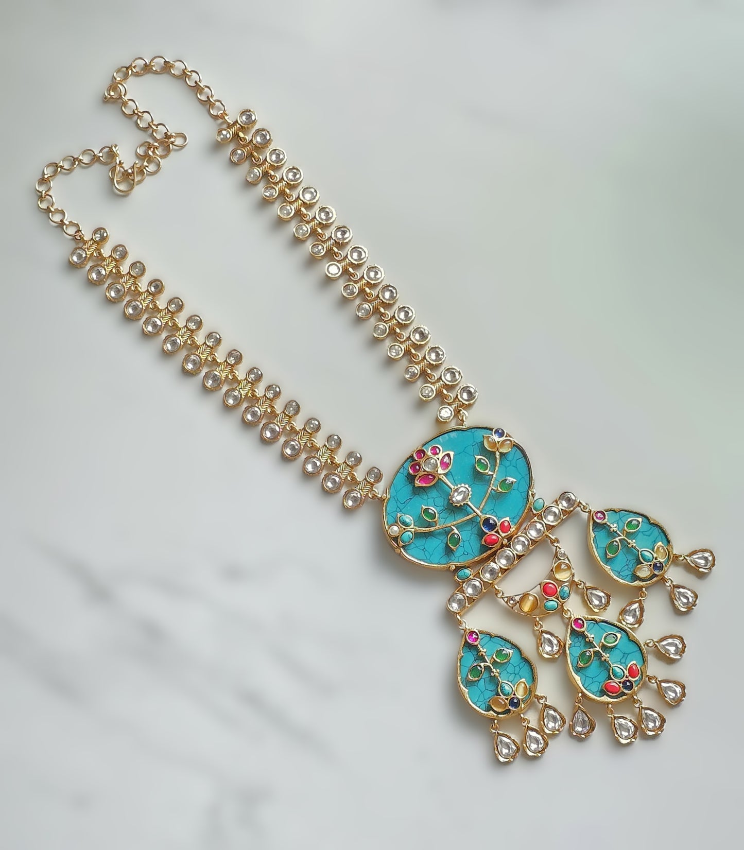 Katherine Handcrafted Polki Necklace Set with Turquoise Stone Inlay Art