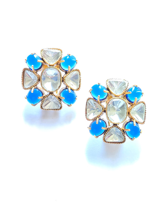 Floral Natural Stone & Polki Studs Earrings