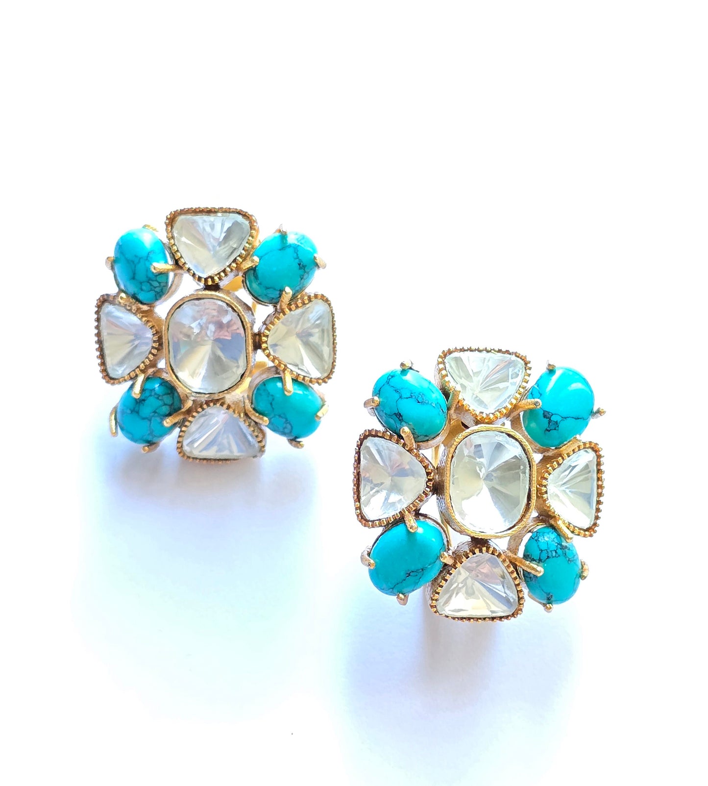 Floral Natural Stone & Polki Studs Earrings