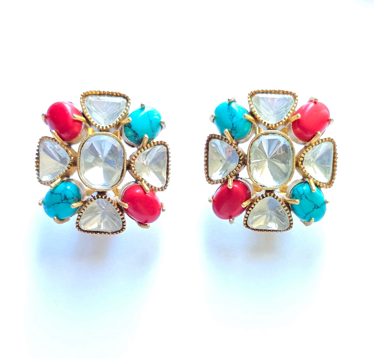 Floral Natural Stone & Polki Studs Earrings